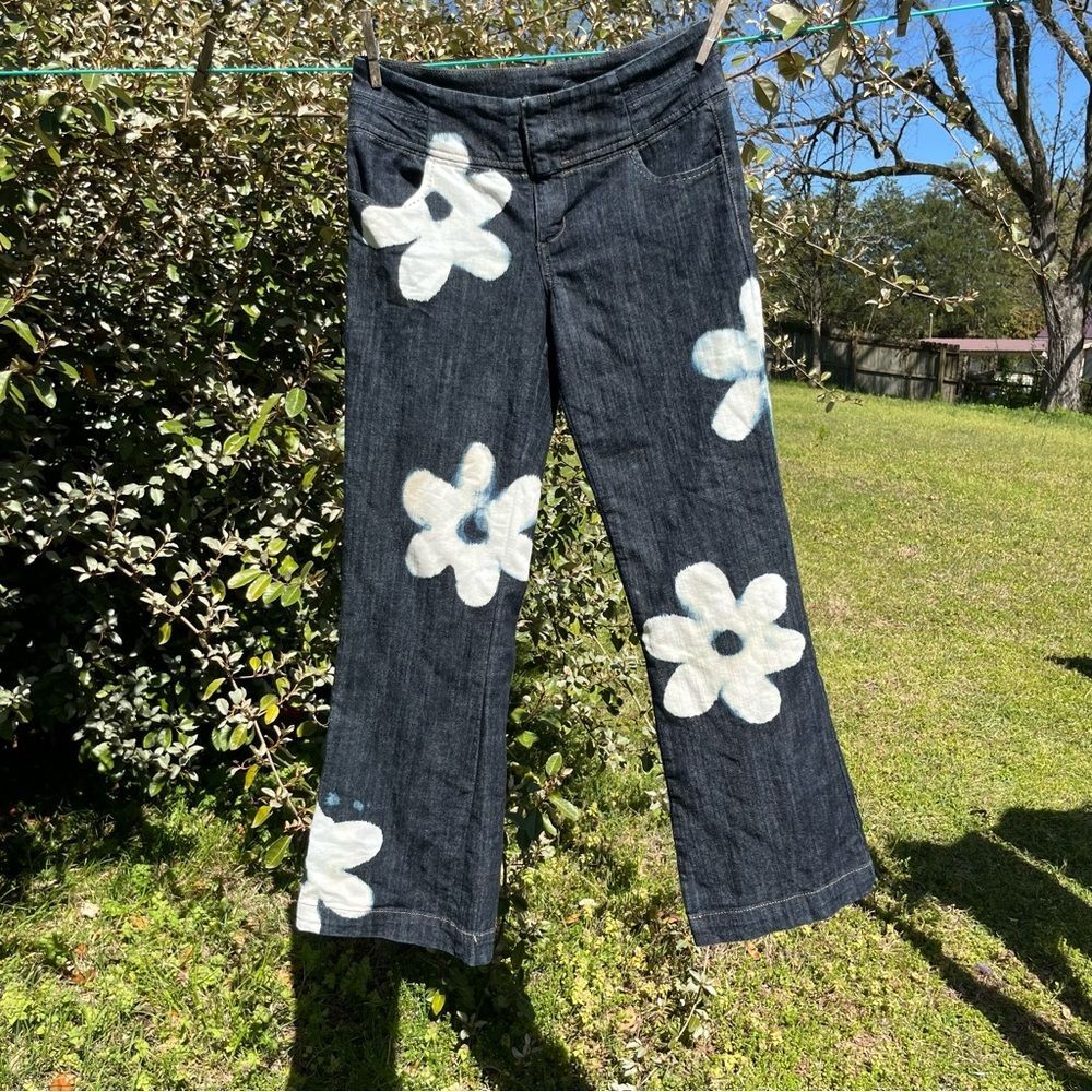 Y2K Funky Floral Hand-Painted Reverse-Dye Jeans Size 4 Short Darkwash Maurices